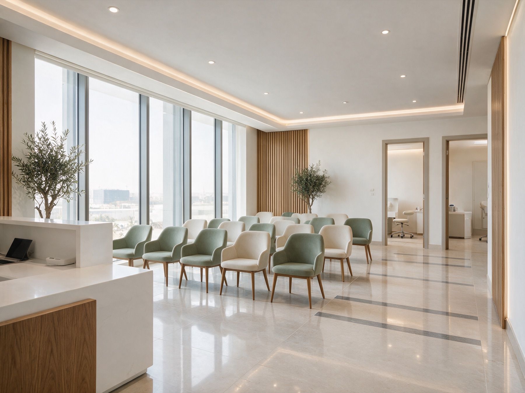 Visualisation of a fitted clinic at LINX Tower with a reception, waiting area and examination rooms