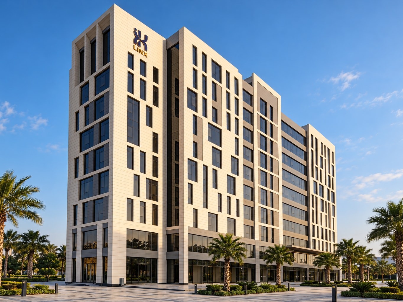 Three-quarter view of LINX Tower with the LINX emblem, cream façade frames and the ground-floor shopfronts