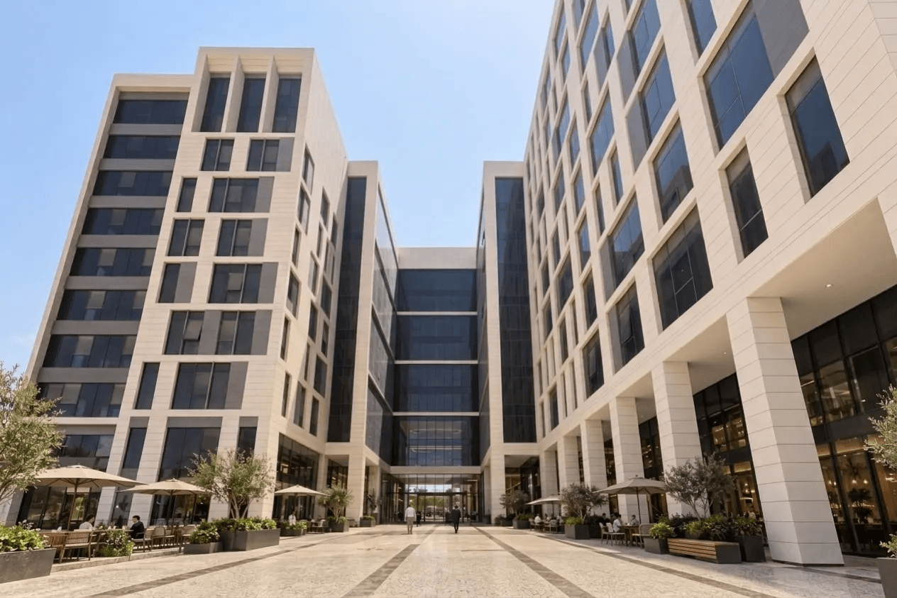 The LINX Tower plaza between the two office blocks, with proposed café terraces, parasols and planters on both sides and the glass atrium at the centre