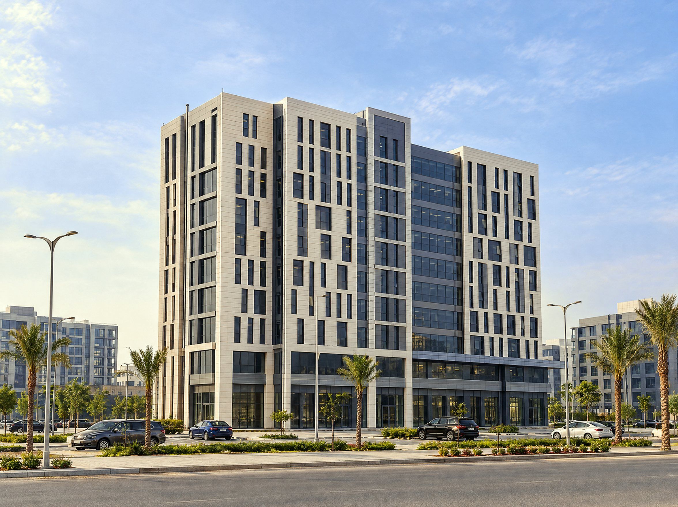 LINX Tower in the New Administrative Capital, seen from the main road with palm-lined landscaping and parking